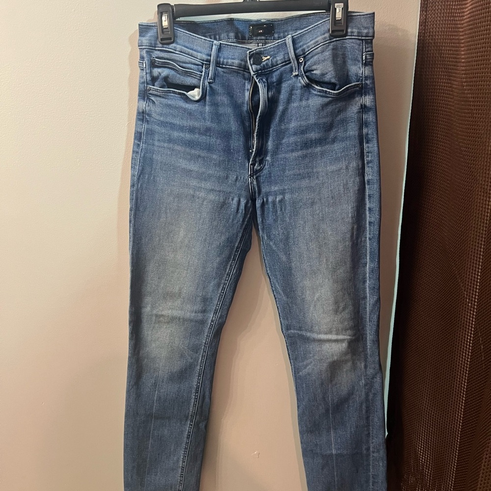 MOTHER Denim Jeans in Blue with Black Leather Label